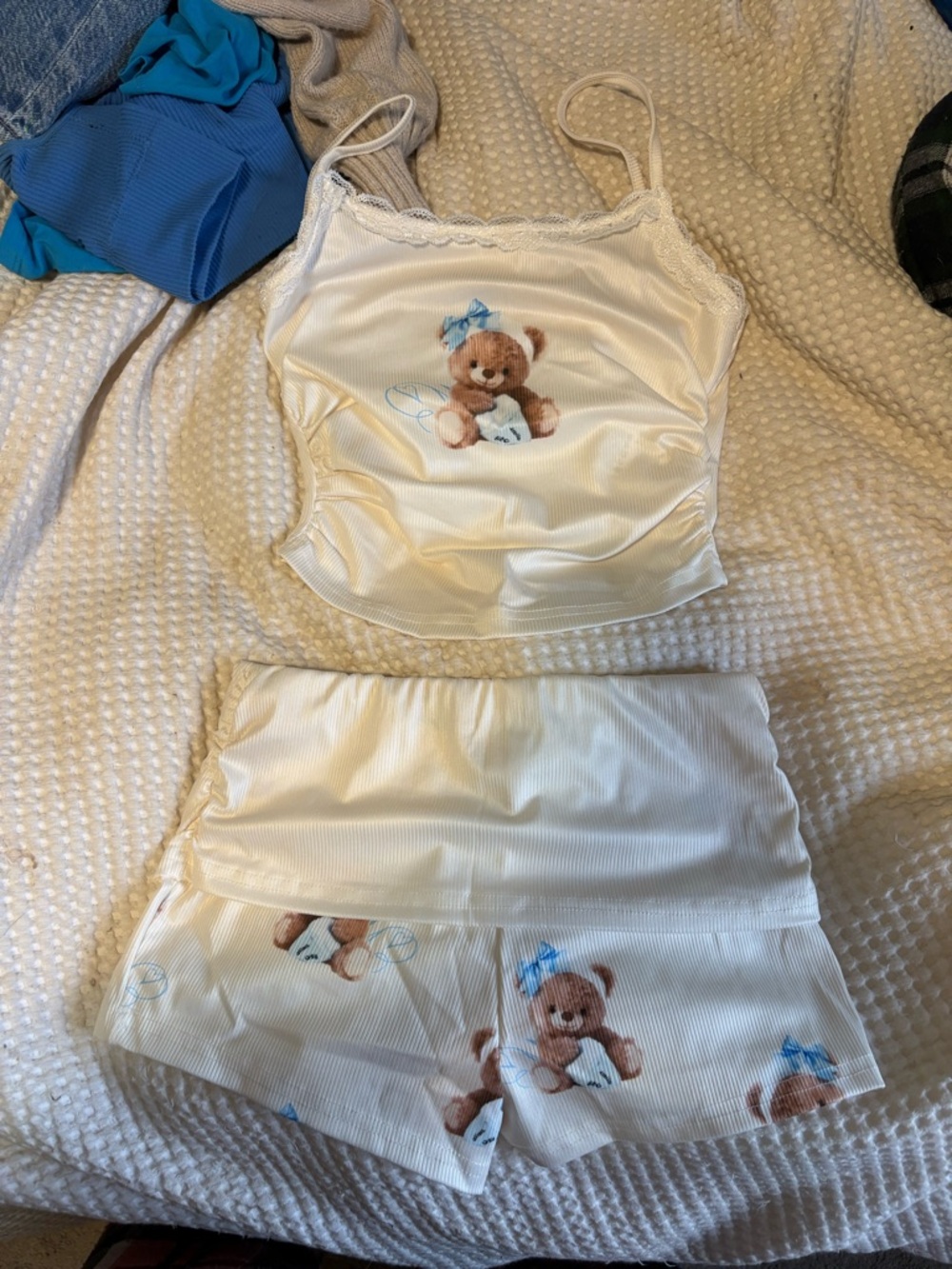 SHEIN Cream Satin Teddy Bear Cami & Shorts Pajama Set